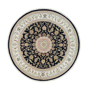 9'10"x9'10" Midnight Blue, 250 KPSI, Extra Soft Wool, Hand Knotted, Nain with Center Medallion Flower Design, Round Oriental Rug FWR540144