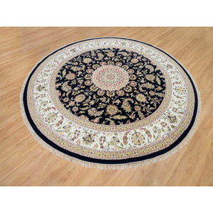 9'10"x9'10" Midnight Blue, 250 KPSI, Extra Soft Wool, Hand Knotted, Nain with Center Medallion Flower Design, Round Oriental Rug FWR540144