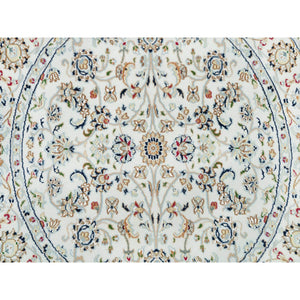 4'1"x4'1" Powder White, Hand Knotted, Nain with All Over Flower Design, 250 KPSI, Soft Wool, Round Oriental Rug FWR540156