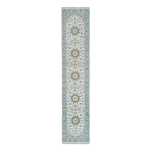 2'8"x13' Powder White, Hand Knotted, Nain with Center Medallion Flower Design, 250 KPSI, Organic Wool, Runner Oriental Rug FWR540168