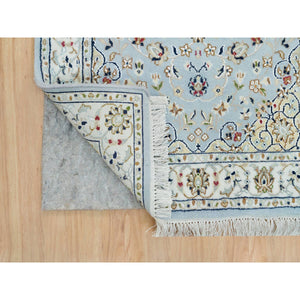 2'9"x8'4" Beau Blue, 250 KPSI, Extra Soft Wool, Hand Knotted, Nain with Center Medallion Flower Design, Runner Oriental Rug FWR540180