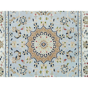 2'9"x8'4" Beau Blue, 250 KPSI, Extra Soft Wool, Hand Knotted, Nain with Center Medallion Flower Design, Runner Oriental Rug FWR540180