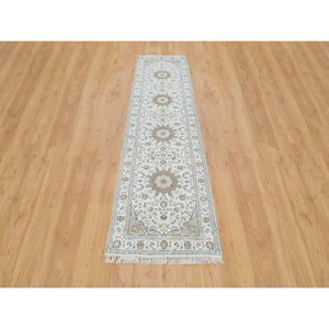 2'8"x10'3" Powder White, Nain with Center Medallion Flower Design, 250 KPSI, Natural Wool, Hand Knotted, Runner Oriental Rug FWR540198