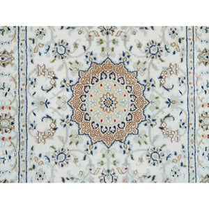 2'8"x10'3" Powder White, Nain with Center Medallion Flower Design, 250 KPSI, Natural Wool, Hand Knotted, Runner Oriental Rug FWR540198
