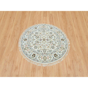 3'9"x3'9" Powder White, Nain with All Over Flower Design, 250 KPSI, 100% Wool, Hand Knotted, Round Oriental Rug FWR540222