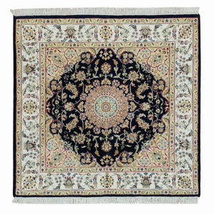 4'1"x4'1" Midnight Blue, Hand Knotted, Nain with Center Medallion Flower Design, 250 KPSI, Pure Wool, Square Oriental Rug FWR540246