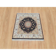 Load image into Gallery viewer, 4&#39;1&quot;x4&#39;1&quot; Midnight Blue, Hand Knotted, Nain with Center Medallion Flower Design, 250 KPSI, Pure Wool, Square Oriental Rug FWR540246