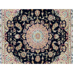 4'1"x4'1" Midnight Blue, Hand Knotted, Nain with Center Medallion Flower Design, 250 KPSI, Pure Wool, Square Oriental Rug FWR540246