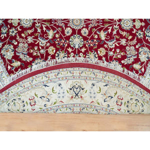 9'8"x9'8" Burgundy Red, Soft Wool, Hand Knotted, Nain with All Over Flower Design, 250 KPSI, Round Oriental Rug FWR540300