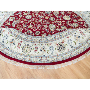 9'8"x9'8" Burgundy Red, Soft Wool, Hand Knotted, Nain with All Over Flower Design, 250 KPSI, Round Oriental Rug FWR540300
