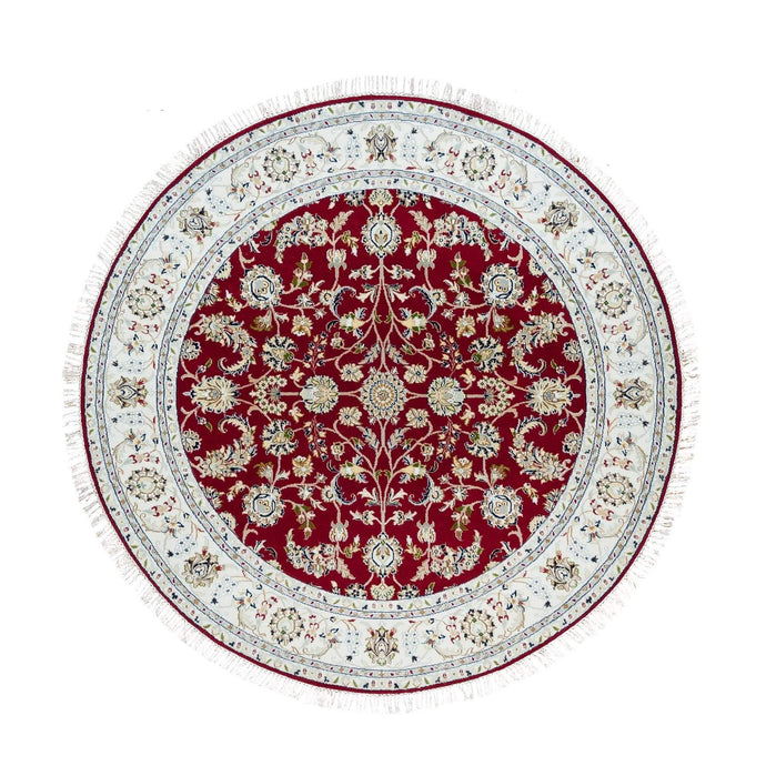 6'x6' Burgundy Red, 250 KPSI, Organic Wool, Hand Knotted, Nain with All Over Flower Design, Round Oriental Rug FWR540312