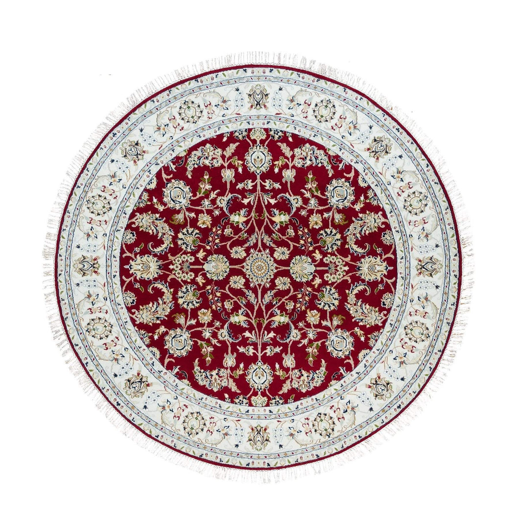 6'x6' Burgundy Red, 250 KPSI, Organic Wool, Hand Knotted, Nain with All Over Flower Design, Round Oriental Rug FWR540312