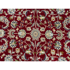 6'x6' Burgundy Red, 250 KPSI, Organic Wool, Hand Knotted, Nain with All Over Flower Design, Round Oriental Rug FWR540312