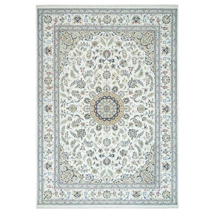 9'10"x14' Powder White, Hand Knotted, Nain with Center Medallion Flower Design, 250 KPSI, Extra Soft Wool, Oriental Rug FWR540324