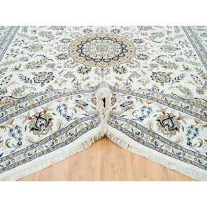 9'10"x14' Powder White, Hand Knotted, Nain with Center Medallion Flower Design, 250 KPSI, Extra Soft Wool, Oriental Rug FWR540324