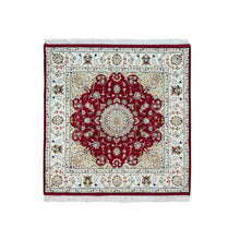 Load image into Gallery viewer, 4&#39;1&quot;x4&#39;1&quot; Burgundy Red, Hand Knotted, Nain with Center Medallion Flower Design, 250 KPSI, Natural Wool, Square Oriental Rug FWR540342