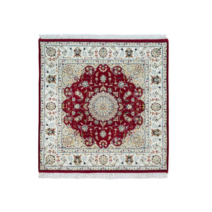 4'1"x4'1" Burgundy Red, Hand Knotted, Nain with Center Medallion Flower Design, 250 KPSI, Natural Wool, Square Oriental Rug FWR540342