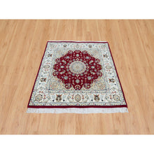 Load image into Gallery viewer, 4&#39;1&quot;x4&#39;1&quot; Burgundy Red, Hand Knotted, Nain with Center Medallion Flower Design, 250 KPSI, Natural Wool, Square Oriental Rug FWR540342