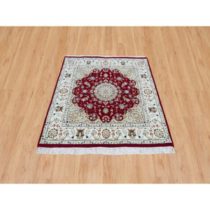 4'1"x4'1" Burgundy Red, Hand Knotted, Nain with Center Medallion Flower Design, 250 KPSI, Natural Wool, Square Oriental Rug FWR540342