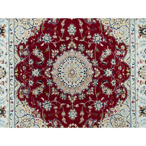 4'1"x4'1" Burgundy Red, Hand Knotted, Nain with Center Medallion Flower Design, 250 KPSI, Natural Wool, Square Oriental Rug FWR540342