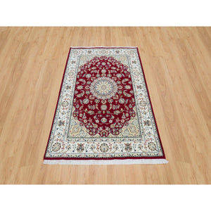 4'6"x6'10" Burgundy Red, Nain with Center Medallion Flower Design, 250 KPSI, Soft Wool, Hand Knotted, Oriental Rug FWR540372