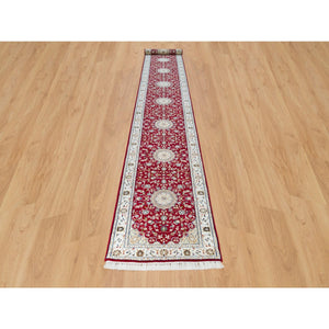 2'8"x17'10" Burgundy Red, Hand Knotted, Nain with Center Medallion Flower Design, 250 KPSI, Organic Wool, XL Runner Oriental Rug FWR540384