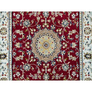 2'8"x17'10" Burgundy Red, Hand Knotted, Nain with Center Medallion Flower Design, 250 KPSI, Organic Wool, XL Runner Oriental Rug FWR540384