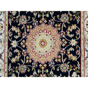2'8"x18'5" Midnight Blue, Nain with Center Medallion Flower Design, Pure Wool, Hand Knotted, 250 KPSI, XL Runner Oriental Rug FWR540390