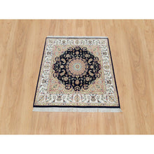 Load image into Gallery viewer, 4&#39;x4&#39; Midnight Blue, 250 KPSI, Extra Soft Wool, Hand Knotted, Nain with Center Medallion Flower Design, Square Oriental Rug FWR540396