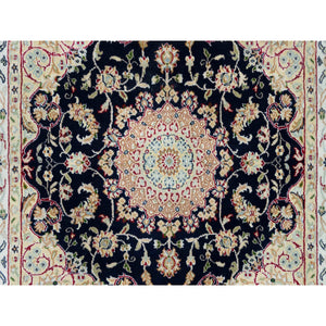4'x4' Midnight Blue, 250 KPSI, Extra Soft Wool, Hand Knotted, Nain with Center Medallion Flower Design, Square Oriental Rug FWR540396