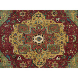 9'x12'1" Brick Red, Pure Wool, Hand Knotted, Antiqued Fine Heriz Re-Creation, Natural Dyes, Densely Woven, Oriental Rug FWR540456