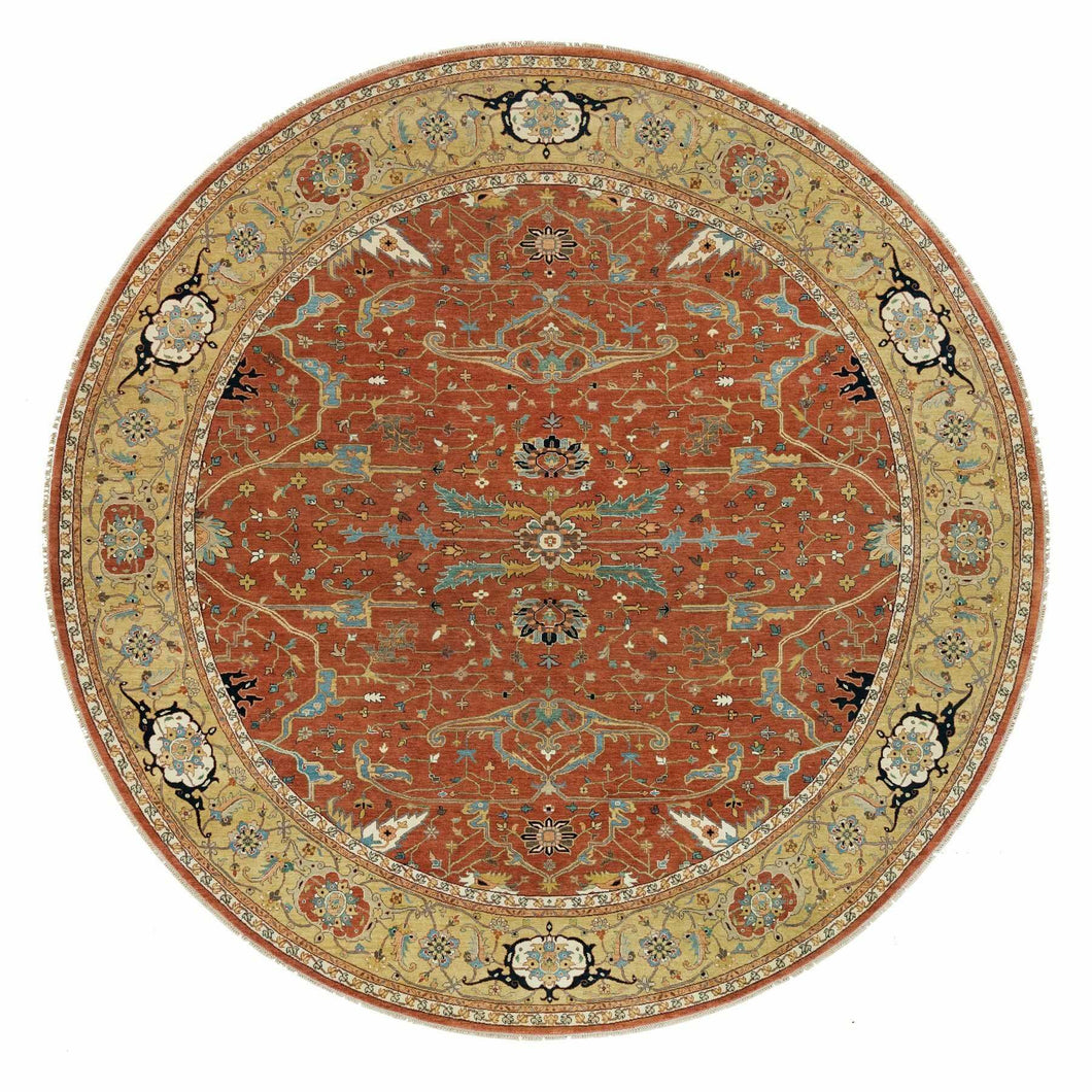 12'x12' Blush Red, Soft Pile, Natural Dyes, Antiqued Fine Heriz Re-Creation, Densely Woven, Extra Soft Wool, Hand Knotted, Round Oriental Rug FWR540498