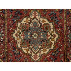 2'8"x8' Burgundy Red, Hand Knotted Extra Soft Wool, Vegetable Dyes, Densely Woven, Antiqued Fine Heriz Re-Creation, Runner Oriental Rug FWR540510