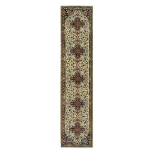 2'6"x12'3" Chiffon Beige, Antiqued Heriz Re-Creation with Geometric Medallions, Vegetable Dyes, Natural Wool, Soft Pile, Hand Knotted Runner Oriental Rug FWR540516