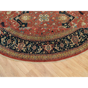 12'x12' Japanese Carmine Red, Soft and Lush, Dense Weave, Hand Knotted, Antiqued Fine Heriz Re-Creation, Vegetable Dyes, 100% Wool, Round Oriental Rug FWR540612