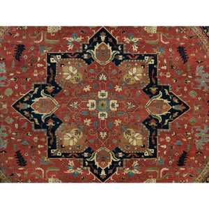 12'x12' Japanese Carmine Red, Soft and Lush, Dense Weave, Hand Knotted, Antiqued Fine Heriz Re-Creation, Vegetable Dyes, 100% Wool, Round Oriental Rug FWR540612