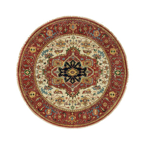 6'x6' Abbey White and Prune Red, Dense Weave, Lush Pile, Vegetable Dyes, Antiqued Fine Hand Knotted Heriz Re-Creation, Round Oriental Rug FWR540636