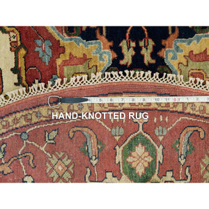 6'x6' Abbey White and Prune Red, Dense Weave, Lush Pile, Vegetable Dyes, Antiqued Fine Hand Knotted Heriz Re-Creation, Round Oriental Rug FWR540636