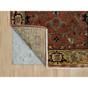 2'7"x17'9" Brick Red, Antiqued Densely Woven Fine Heriz Re-Creation, Hand Knotted, Vegetable Dyes, Soft and Plush, 100% Wool, Runner Oriental Rug FWR540648