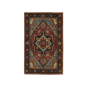3'2"x5'2" Garnet Red, Hand Knotted Antiqued Fine Heriz Re-Creation, Natural Dyes Densely Woven, Natural Wool, Plush Pile, Oriental Rug FWR540690