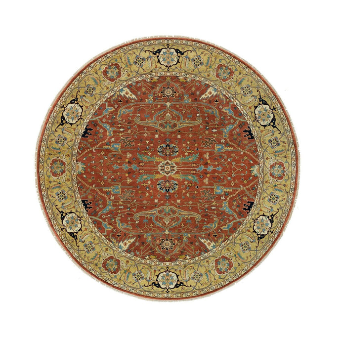 10'x10' Rust Red, Antiqued Fine Heriz Re-Creation, Natural Dyes Dense Weave, Soft Wool Hand Knotted, Round Oriental Rug FWR540702